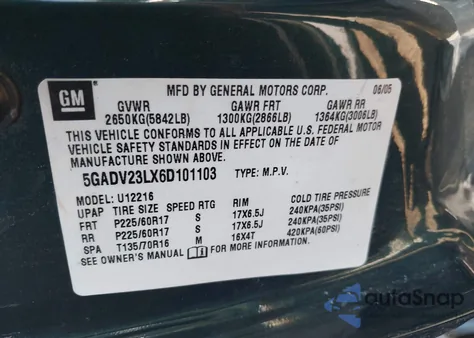 2006 Buick Terraza Cx z USA, uszkodzony, nr VIN 5GADV23LX6D101103